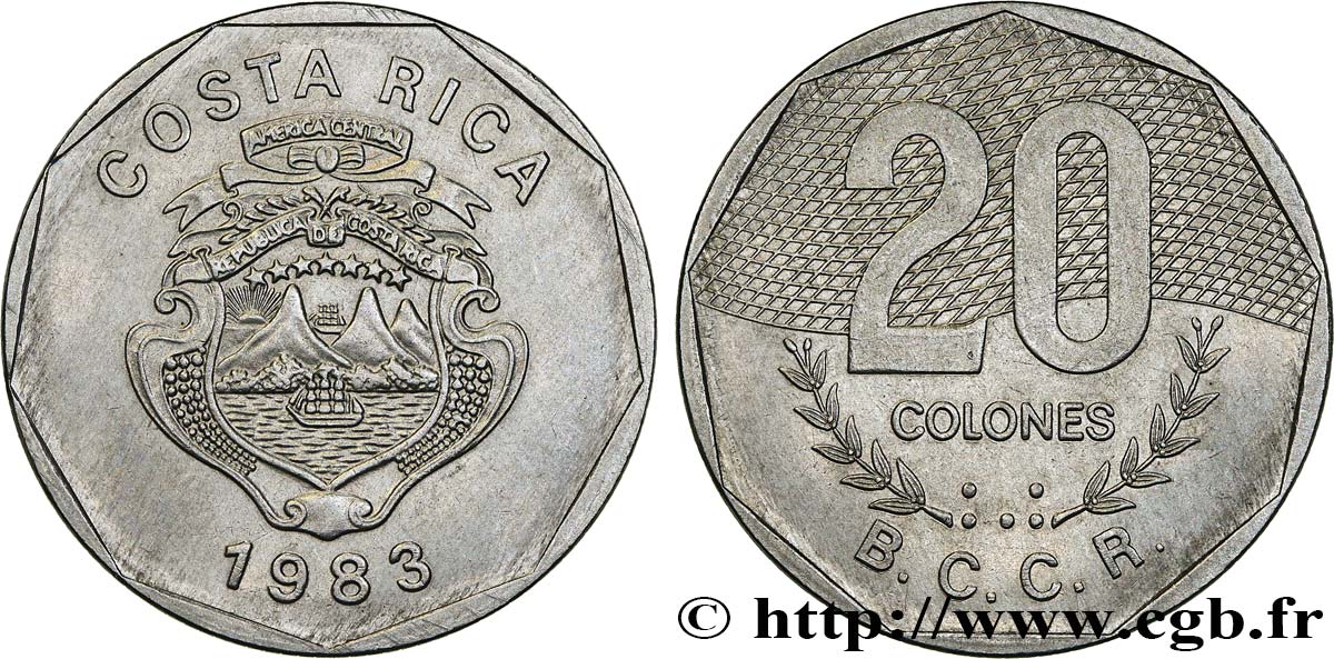 COSTA RICA 20 Colones emblème, émission du Banco Central de Costa Rica (BCCR) 1983  fST 