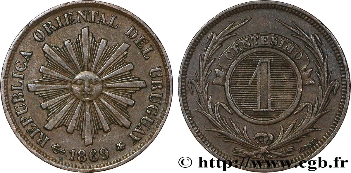 URUGUAY 1 Centesimo 1869 Paris TTB+ 