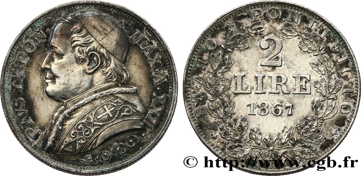 ITALIE - ÉTATS DU PAPE - PIE IX (Jean-Marie Mastai Ferretti) 2 Lire an XXII 1867 Rome TTB+ 