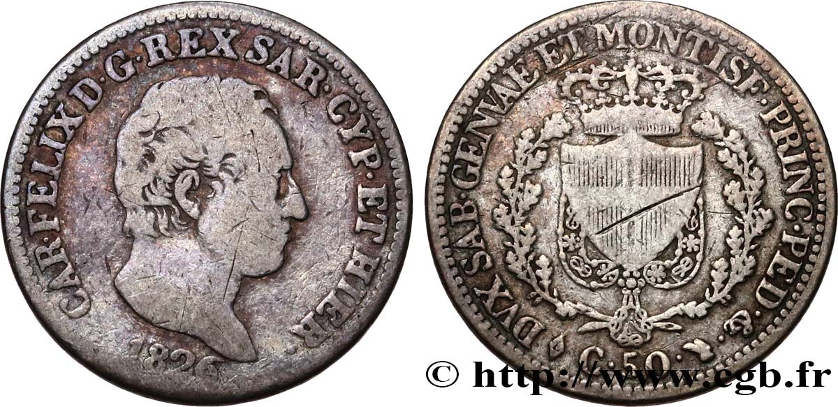 ITALIE - ROYAUME DE SARDAIGNE 50 Centesimi Charles Félix 1826 Turin TB 