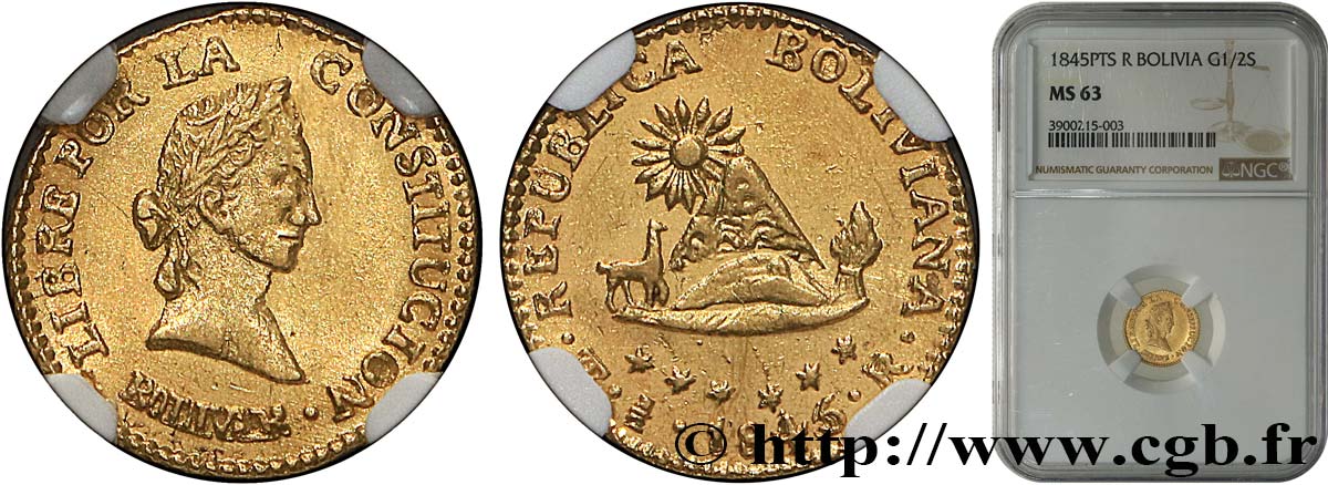 BOLIVIA - REPUBLIC 1/2 scudo 1845 Potosi MS63 NGC