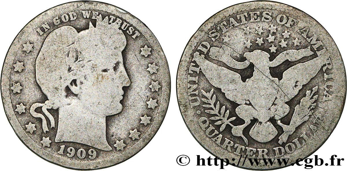 UNITED STATES OF AMERICA 1/4 Dollar Barber 1909 Philadelphie VF 