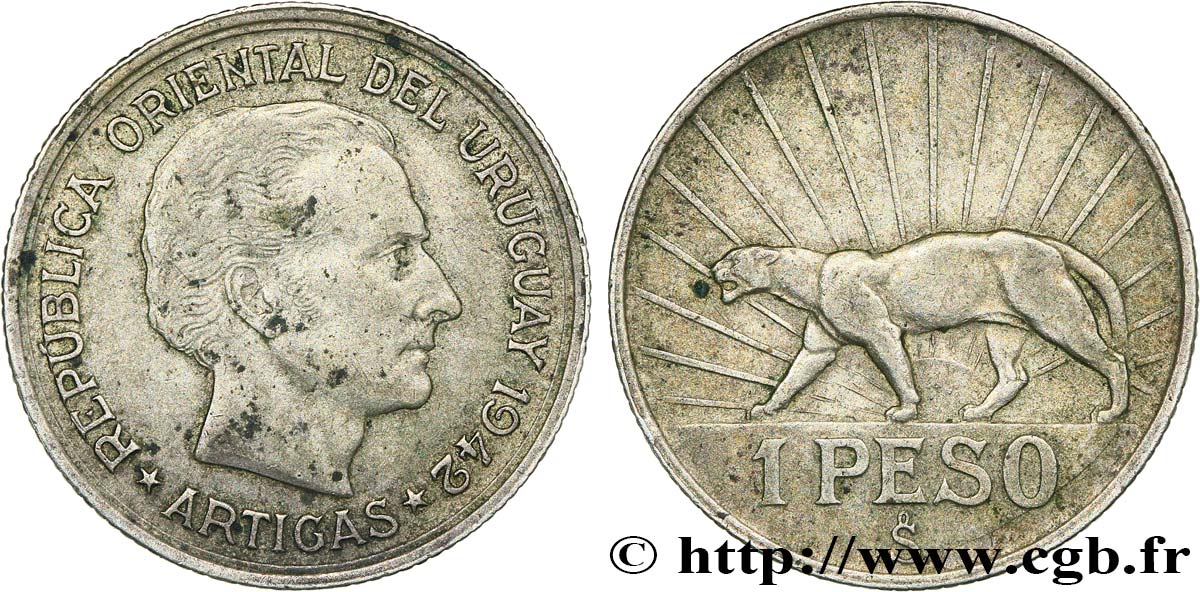URUGUAY 1 Peso José Gervasio Artigas 1942 Santiago SS 