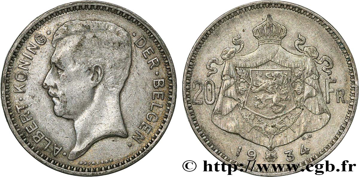BELGIQUE 20 Franken (Francs) Albert Ier légende Flamande 1934  TTB 