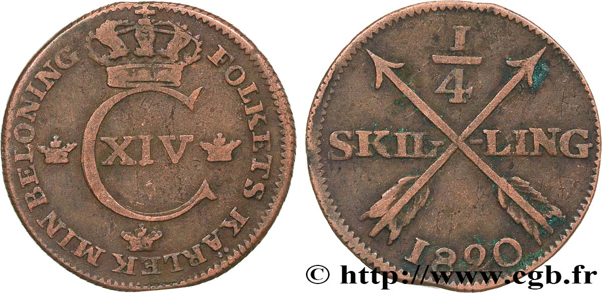SUÈDE 1/4 Skilling Charles XIV 1820  TB+ 