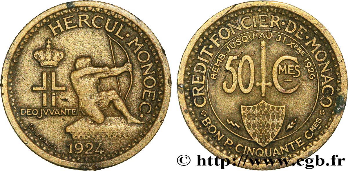 MONACO 50 Centimes émission du Crédit Foncier de Monaco 1924 Poissy TTB 