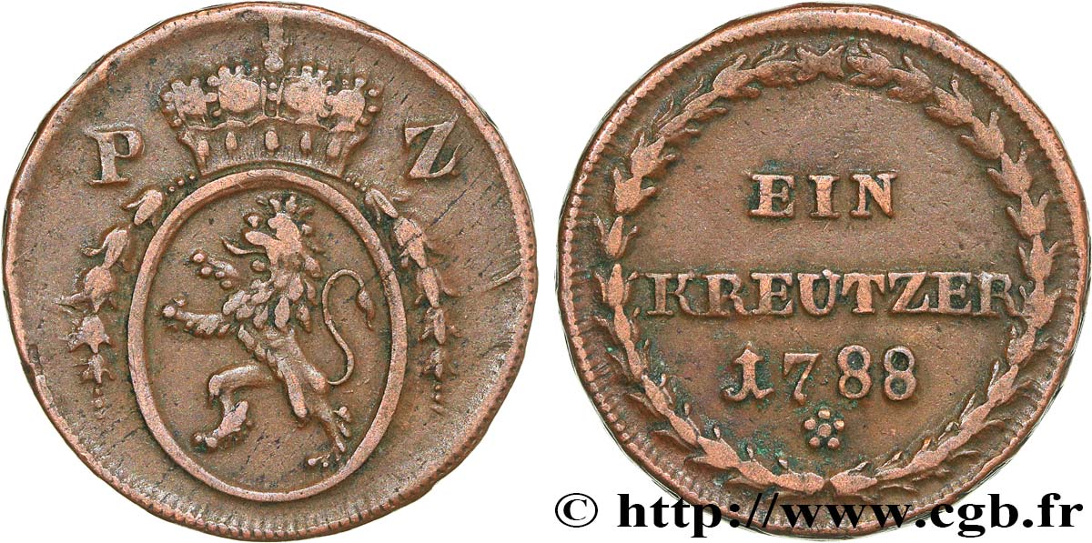 GERMANY - PALATINATE - ZWEIBRÜCKEN 1 Kreuzer Charles II Auguste duché de Palatinat-Deux-Ponts 1788  XF 