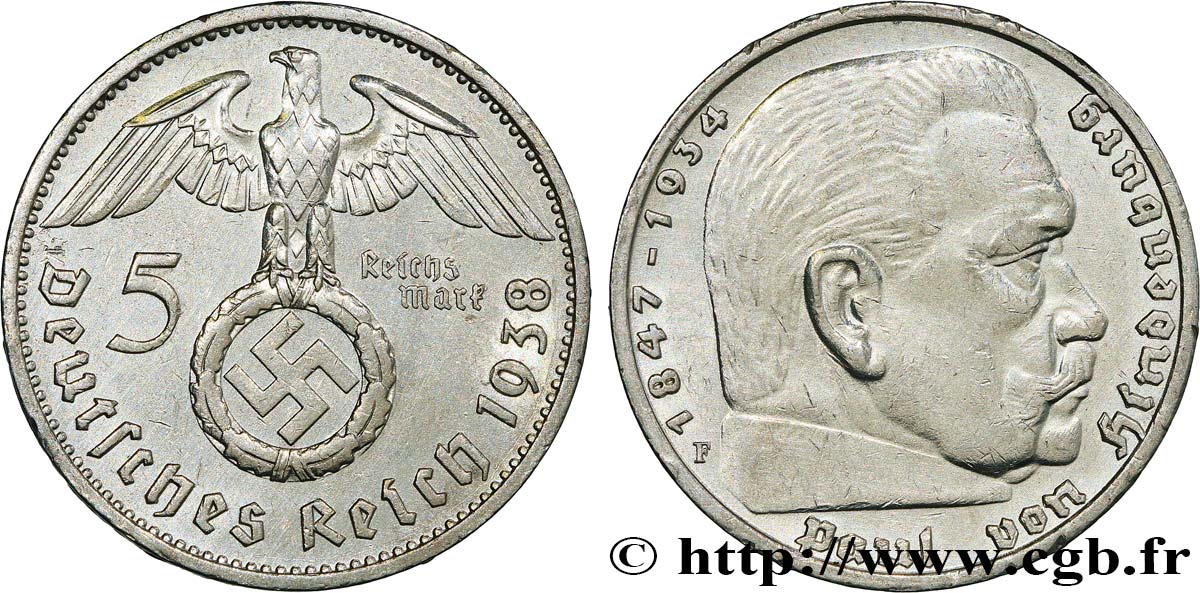 DEUTSCHLAND 5 Reichsmark Maréchal Paul von Hindenburg 1938 Stuttgart VZ 