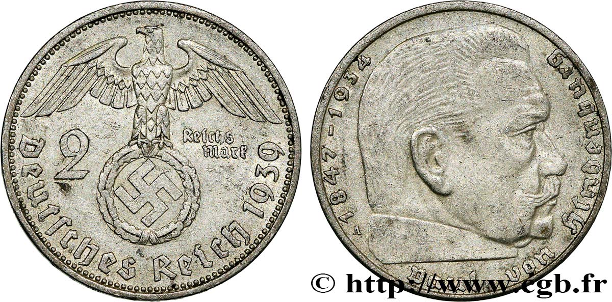 GERMANY 2 Reichsmark Maréchal Paul von Hindenburg 1939 Berlin AU 