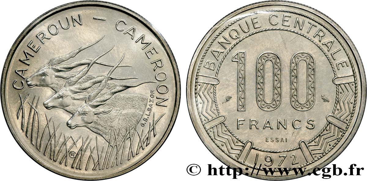 CAMEROUN Essai de 100 Francs légende bilingue, type Banque Centrale, antilopes 1972 Paris FDC 