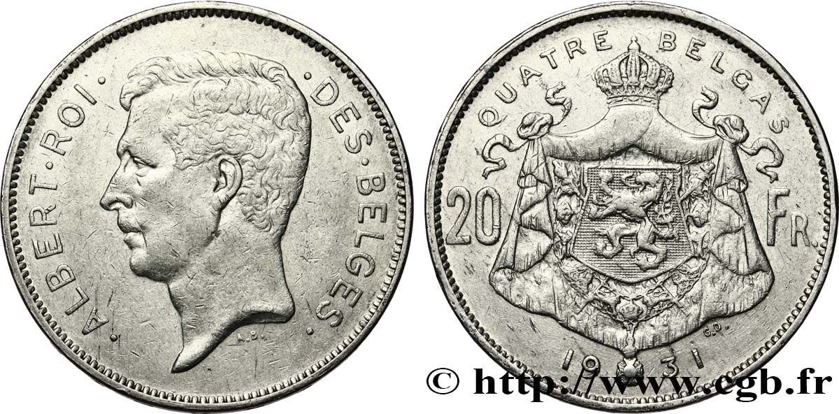BELGIEN 20 Francs - 4 Belga Albert Ier légende Française position B 1931  SS 