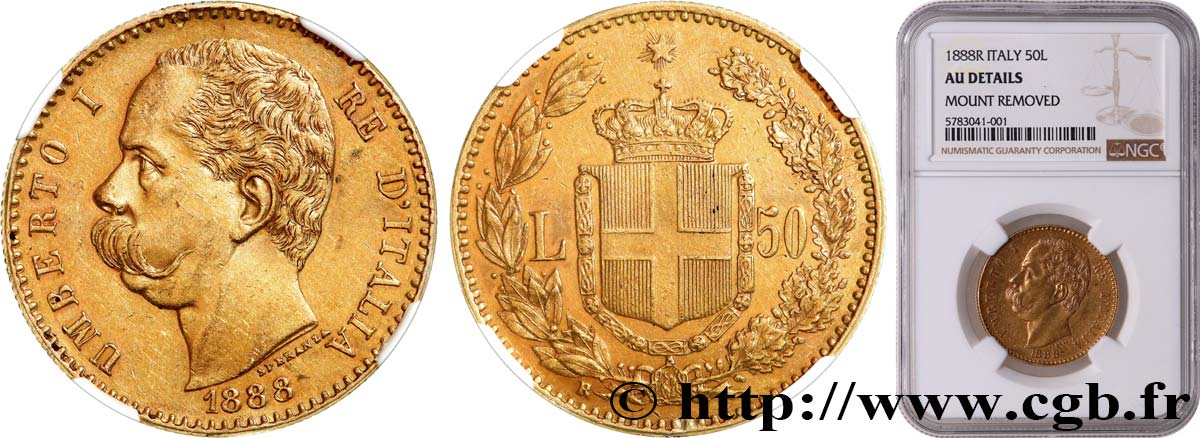 ITALY - KINGDOM OF ITALY - UMBERTO I 50 Lire 1888 Rome AU NGC
