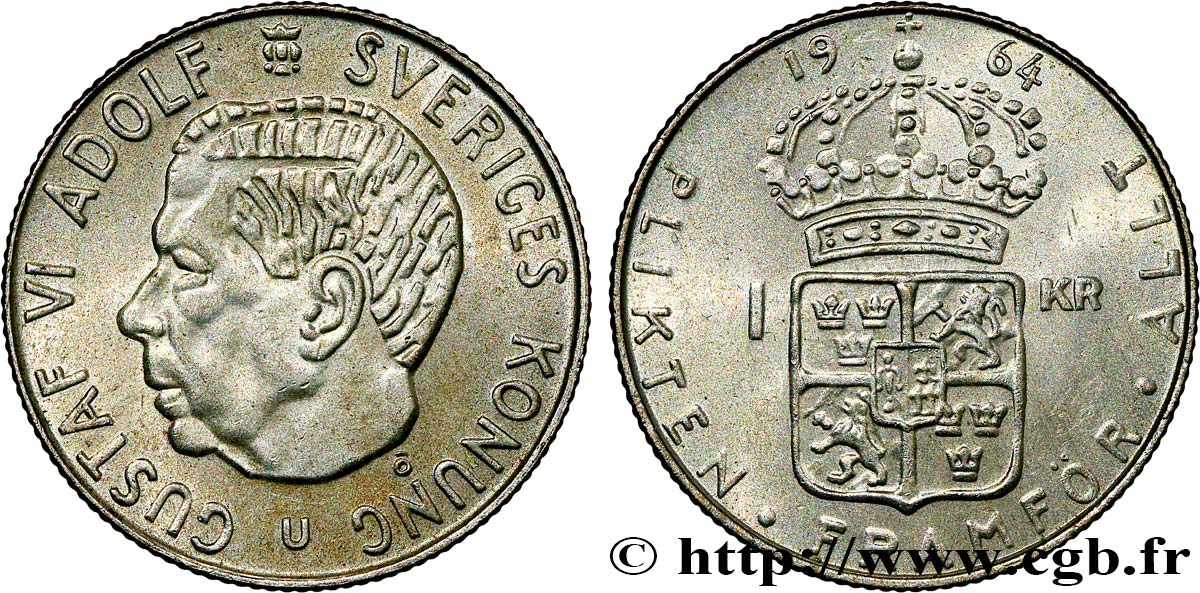 SWEDEN 1 Krona Gustave VI 1964  AU 