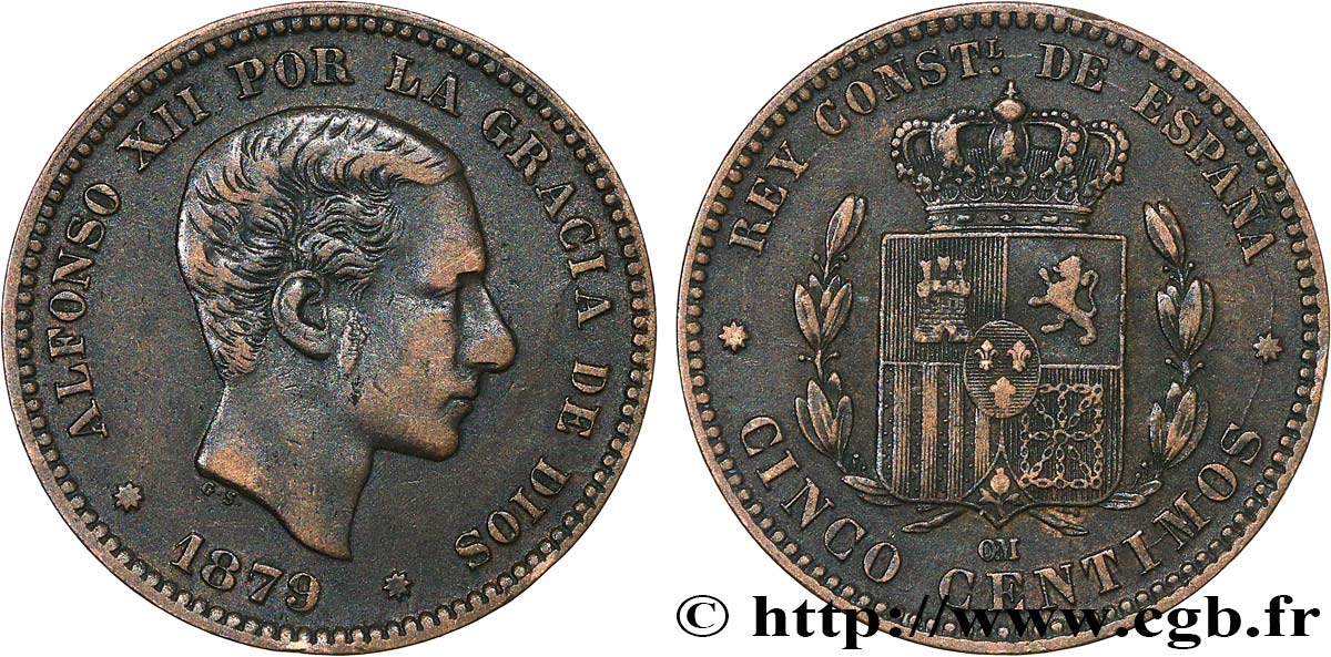 ESPAGNE 5 Centimos Alphonse XII 1879 Oeschger Mesdach & CO TTB 