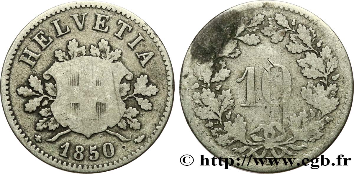 SUISSE 10 Centimes (Rappen) croix suisse 1850 Strasbourg - BB TB+ 