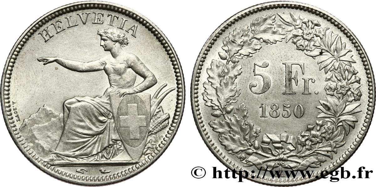 SUISSE - CONFEDERATION 5 Francs 1850 Paris TTB+ 