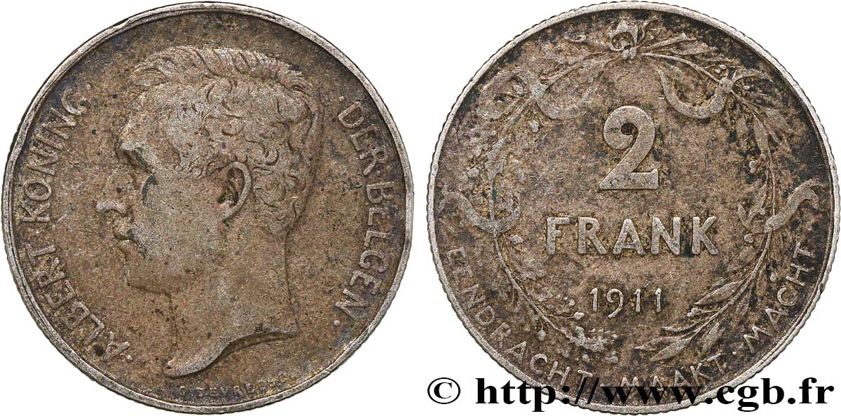 BELGIQUE 2 Frank (Francs) Albert Ier légende flamande 1911 Bruxelles TB+ 