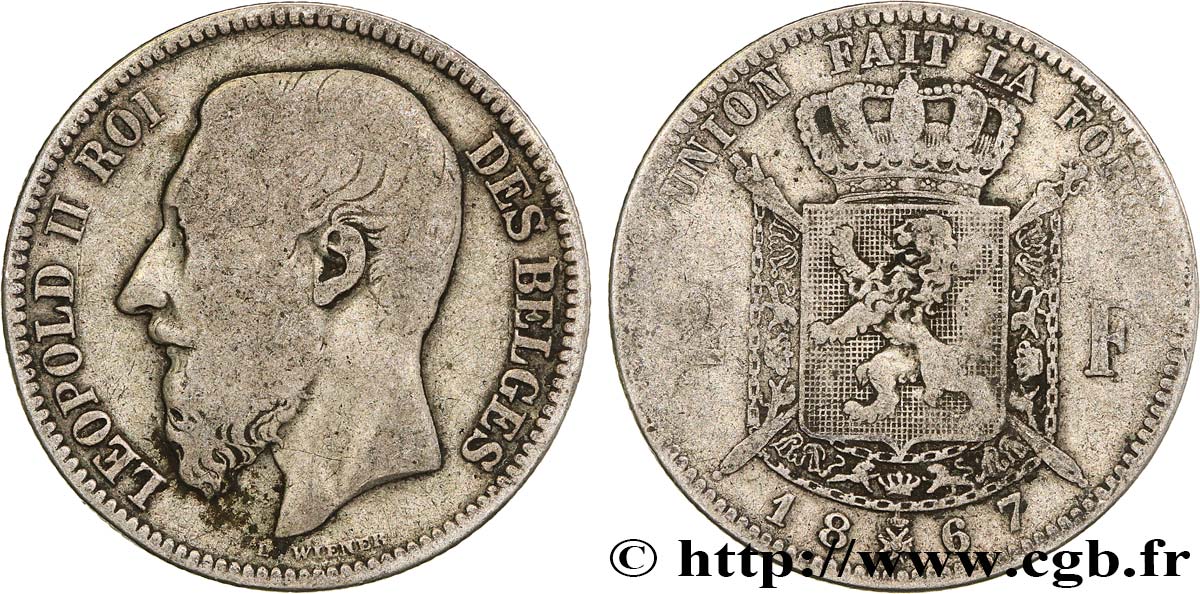 BELGIQUE 2 Francs Léopold II légende française 1867  TB 