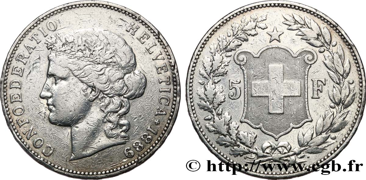 SVIZZERA  5 Francs Helvetia 1889 Berne q.BB 