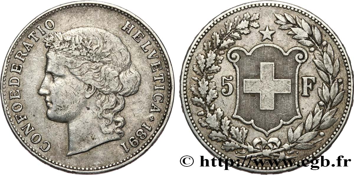 SWITZERLAND 5 Francs Helvetia buste 1891 Berne VF 