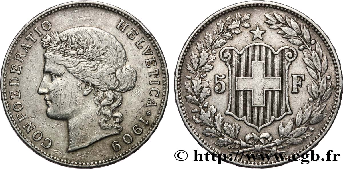 SUISSE 5 Francs Helvetia 1909 Berne TTB 
