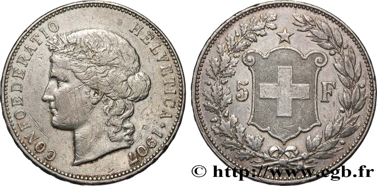 SUISSE 5 Francs Helvetia 1907 Berne TB+ 
