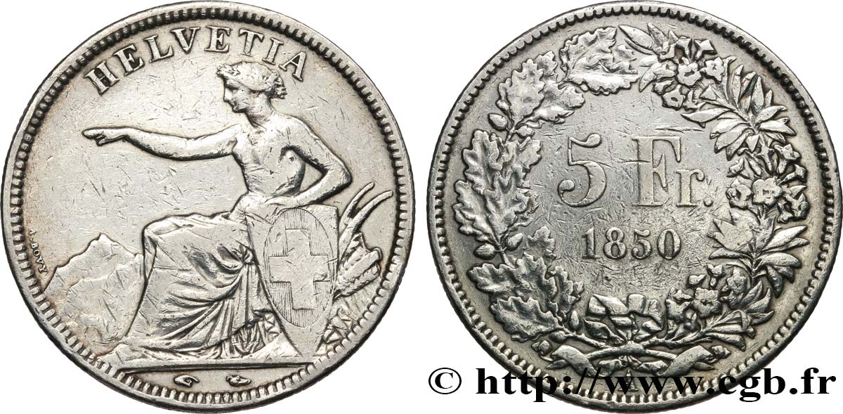 SUISSE - CONFEDERATION 5 Francs 1850 Paris VF 