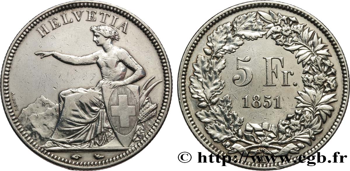 SUISSE - CONFEDERATION 5 Francs Helvetia assise 1851 Paris XF 