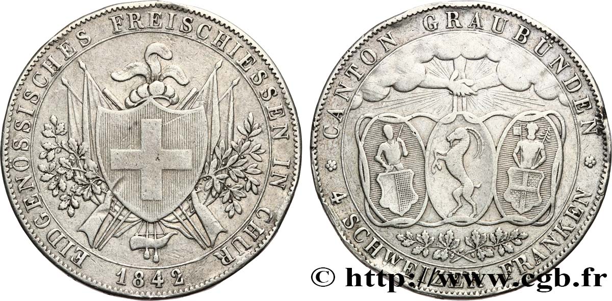 SWITZERLAND - CONFEDERATION OF HELVETIA - CANTON OF GRISONS 4 Franken 1842  XF 