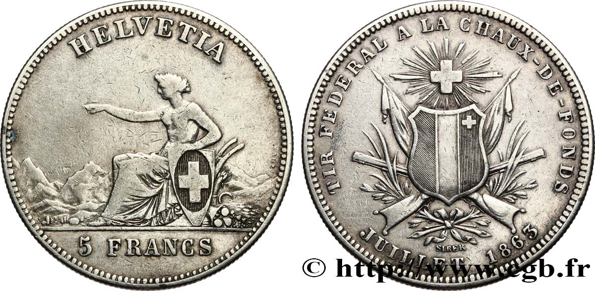 SWITZERLAND 5 Francs Tir fédéral de la Chaux-de-Fond 1863  XF 