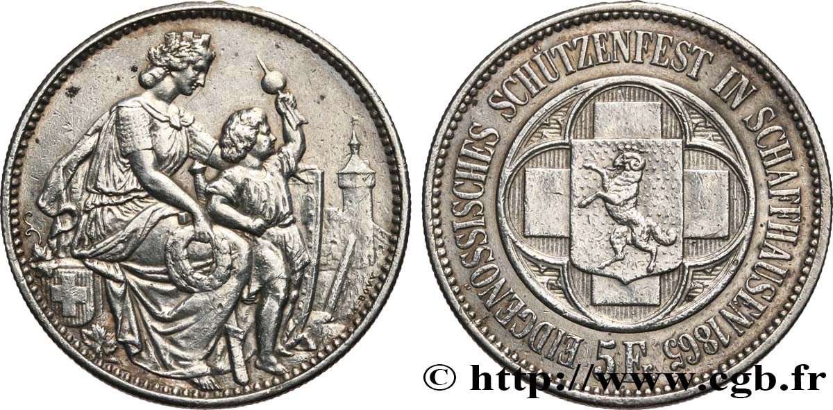 SUISSE 5 Francs Tir de Schaffhouse (Schaffhaussen) 1865  TTB 