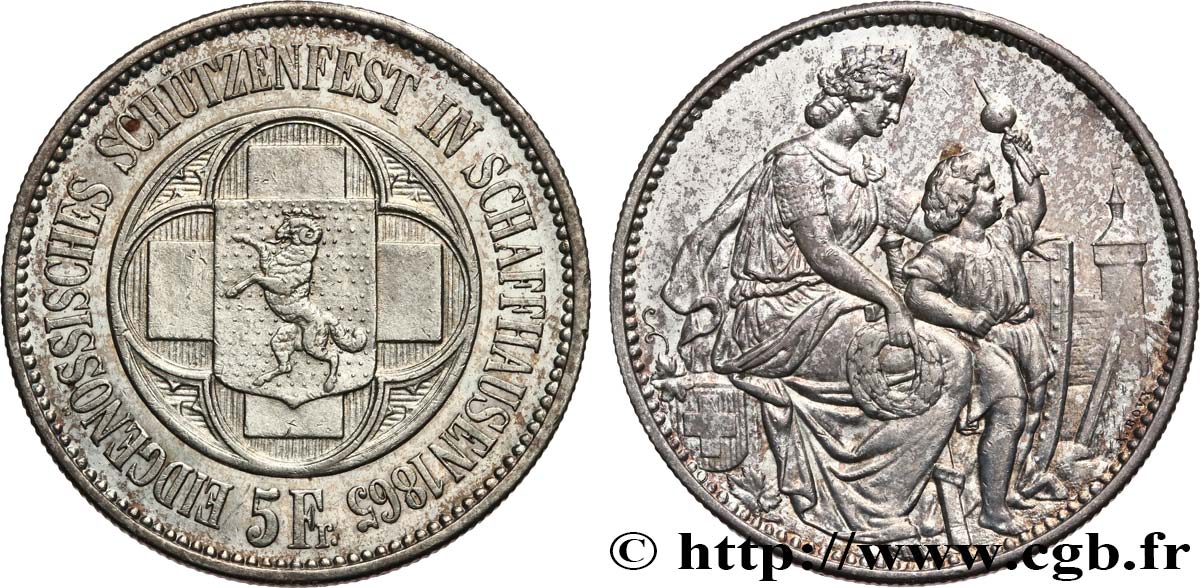 SUISSE 5 Francs Tir de Schaffhouse (Schaffhaussen) 1865  TTB+ 