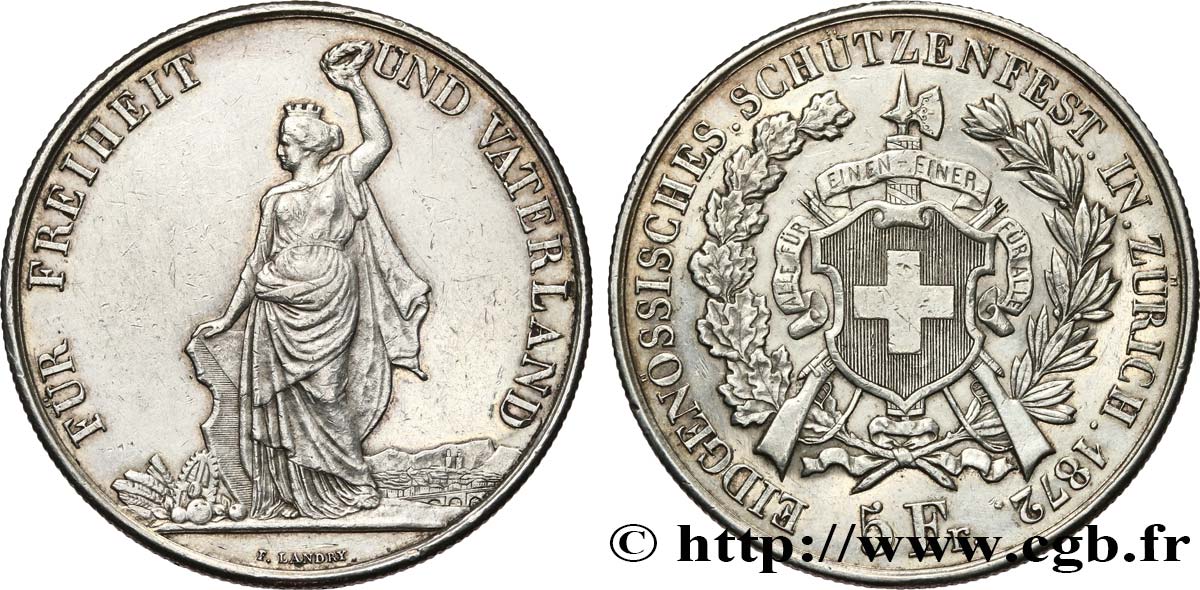 SVIZZERA  5 Franken, concours de tir de Zurich 1872  q.SPL 