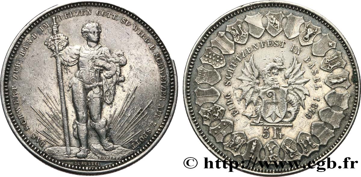 SWITZERLAND 5 Francs, monnaie de Tir, Bâle 1879  XF 