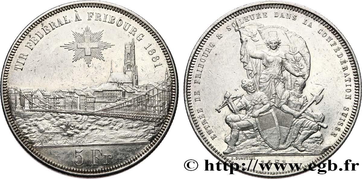 SCHWEIZ 5 Francs, monnaie de Tir, Fribourg 1881  fVZ 