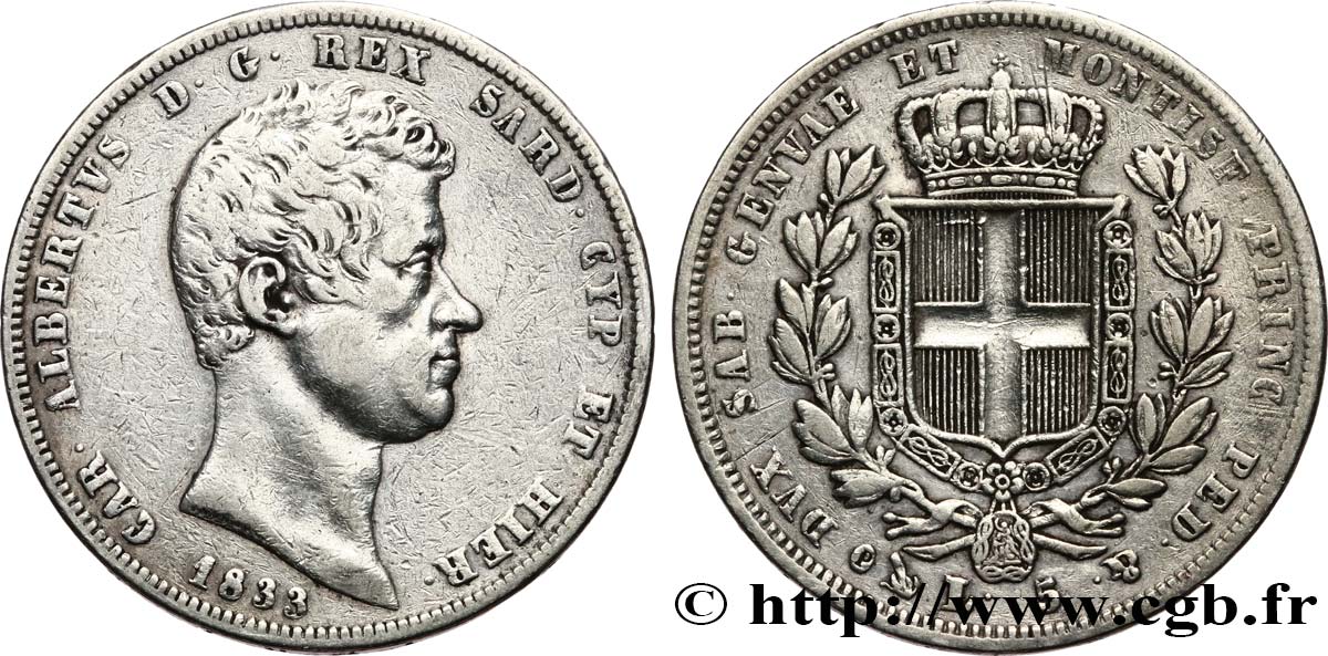 ITALY - KINGDOM OF SARDINIA 5 Lire Charles Albert 1833 Gênes VF 