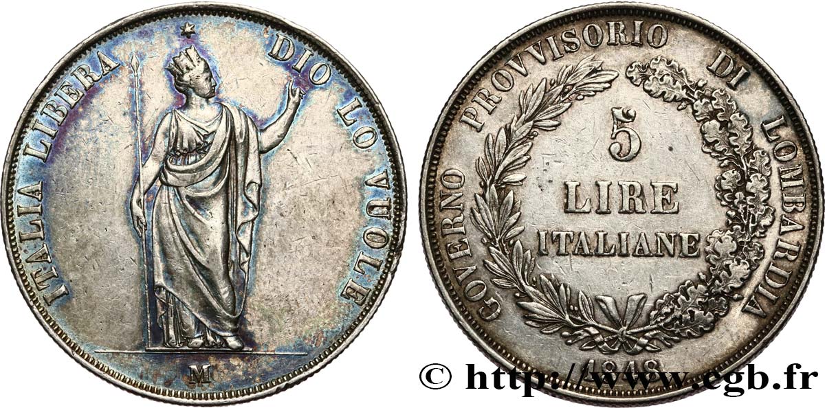 ITALIA - LOMBARDIA 5 Lire Gouvernement provisoire de Lombardie 1848 Milan BB 