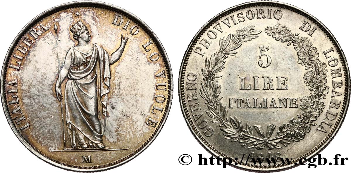 ITALIA - LOMBARDIA 5 Lire Gouvernement provisoire de Lombardie 1848 Milan MBC+ 