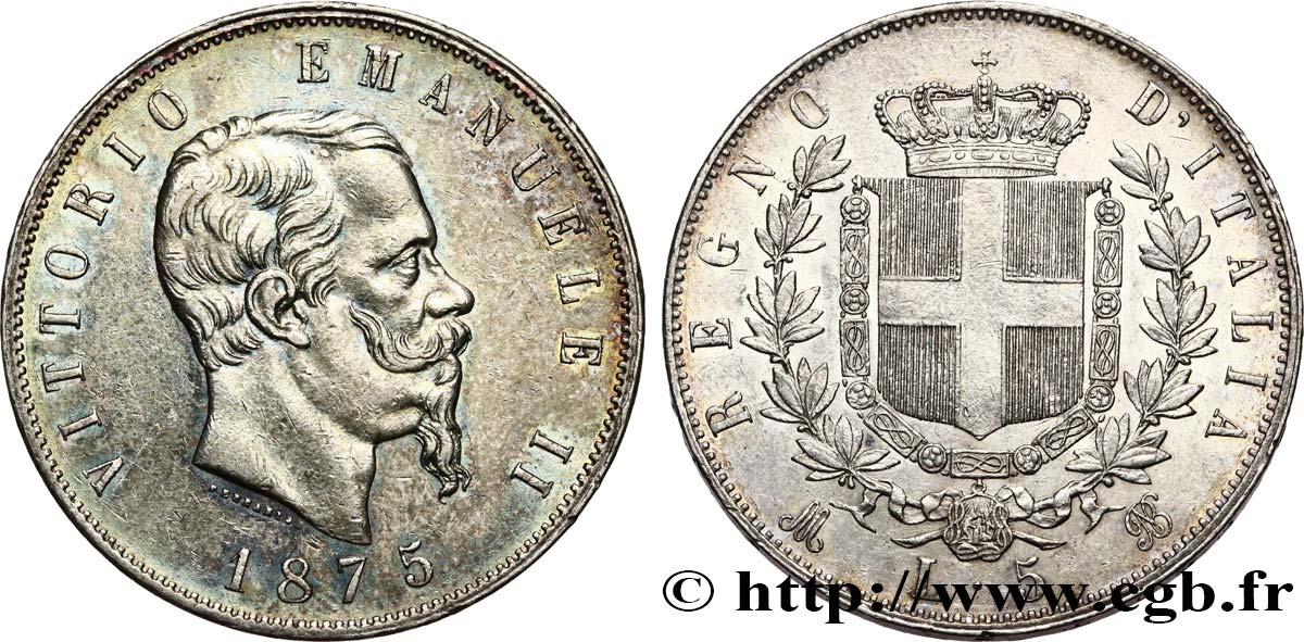 ITALY - KINGDOM OF ITALY - VICTOR-EMMANUEL II 5 Lire  1875 Milan AU/MS 