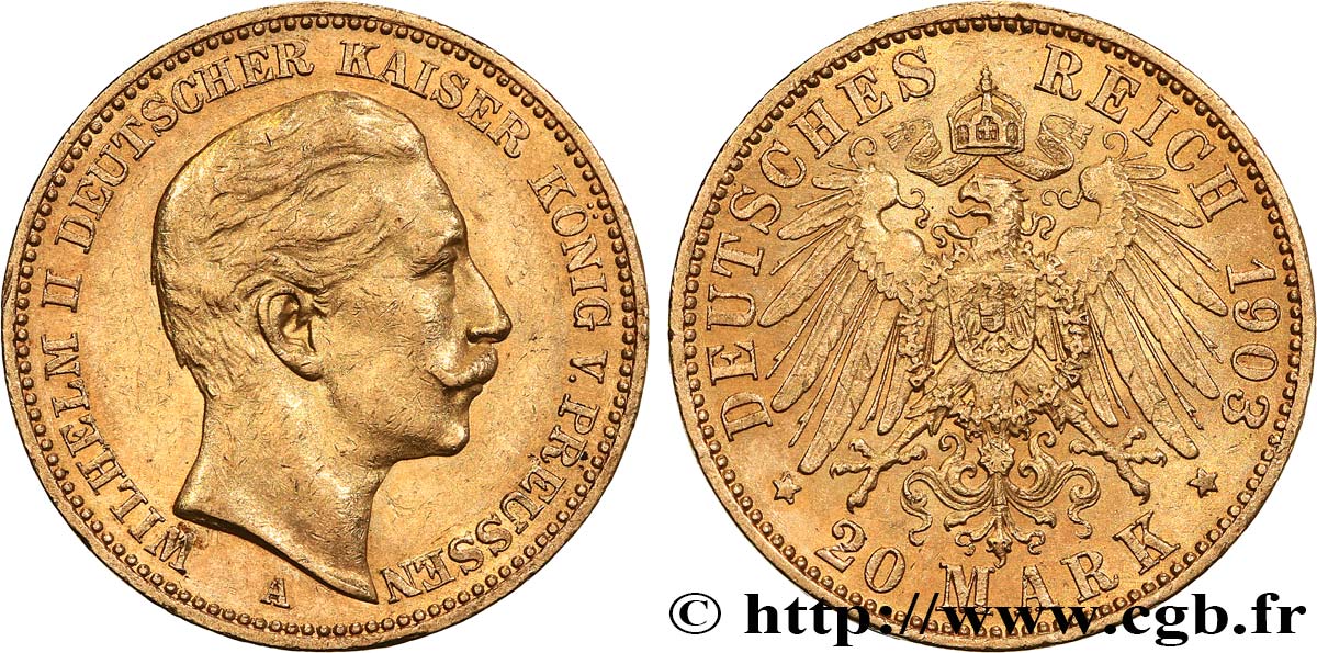 GOLD, PALLADIUM & PLATINUM INVESTMENT 20 Mark or, 2e type Guillaume II 1903 Berlin AU/AU 