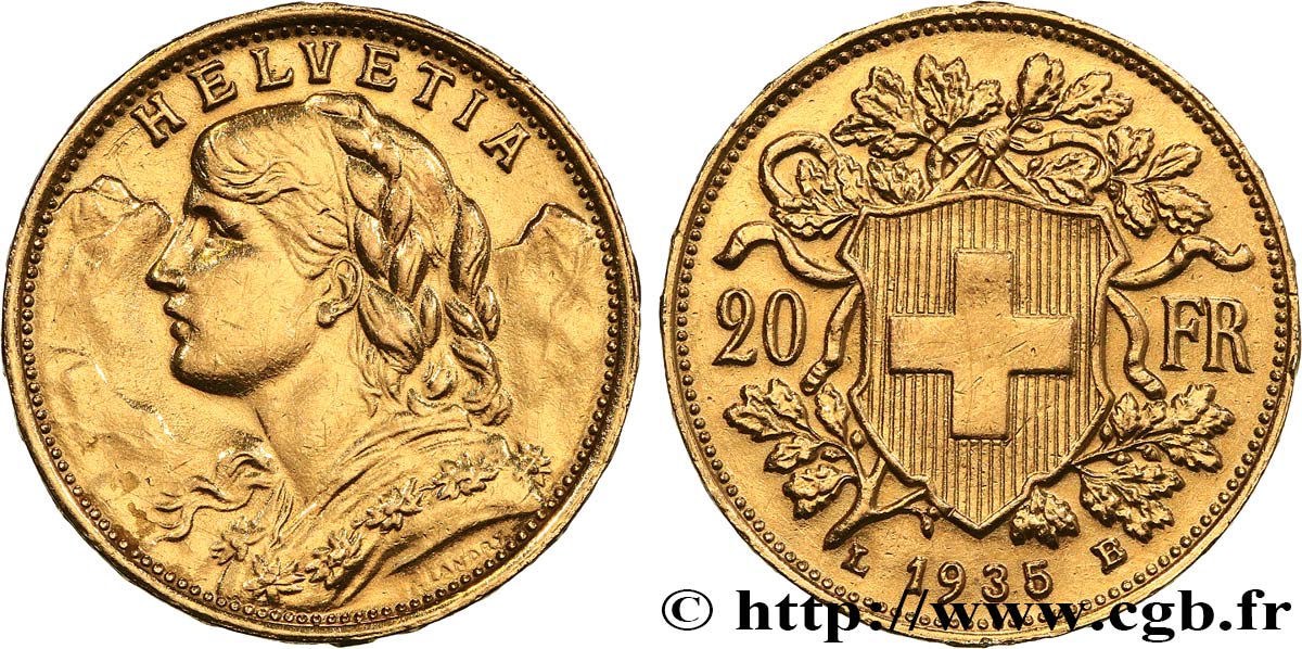 OR, PALLADIUM ET PLATINE INVESTISSEMENT 20 Francs or  Vreneli   1935 Berne TTB 