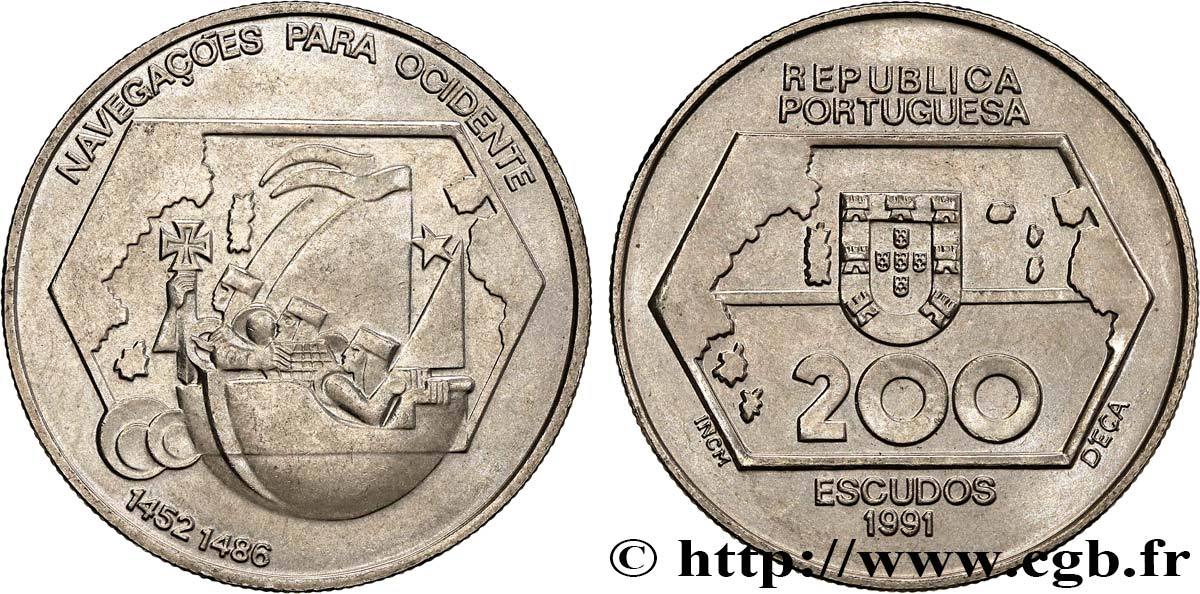 PORTUGAL 200 Escudos Navigation vers l’ouest, navire stylisé 1991 Lisbonne SUP 