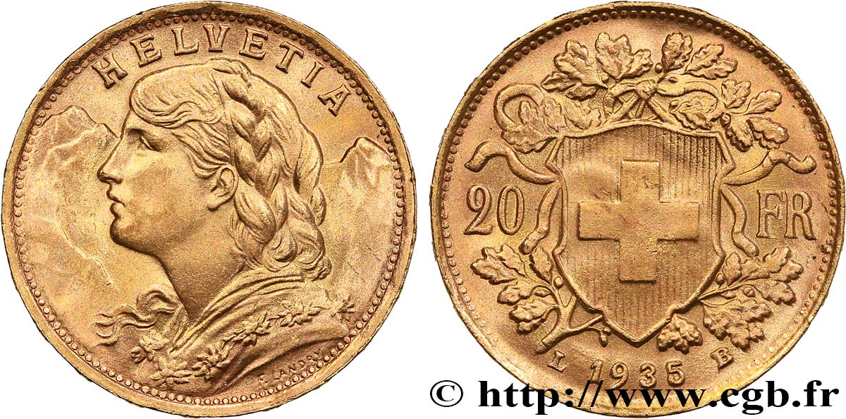 OR, PALLADIUM ET PLATINE INVESTISSEMENT 20 Francs  Vreneli   1935 Berne SUP 