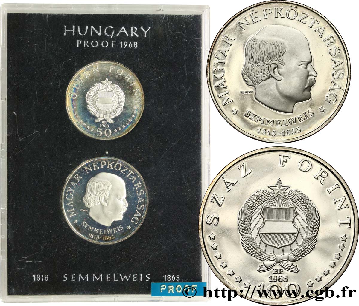 UNGARN Série Proof - 2 monnaies - Ignác Semmelweis 1968 Budapest Polierte Platte 