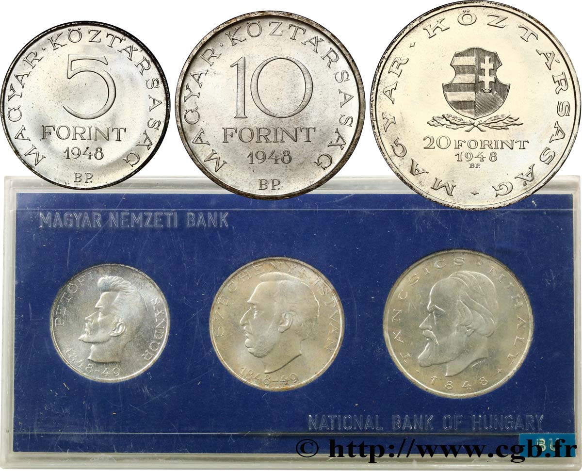 HUNGARY Série FDC - 3 monnaies - 100e anniversaire de la révolution de 1848, Sándor Petőfi 1948 Budapest MS 