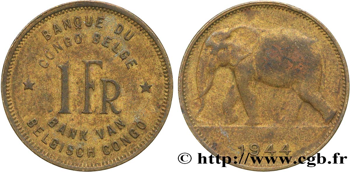 BELGIAN CONGO 1 Franc éléphant 1944  XF 