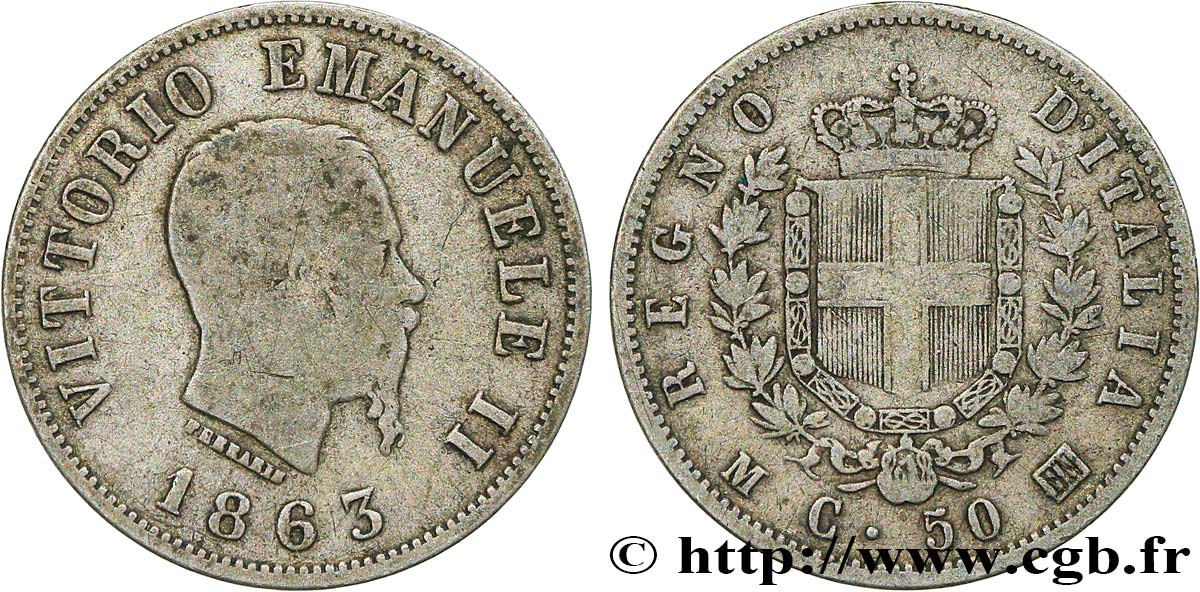 ITALIE 50 Centesimi Victor Emmanuel II type à l’écu 1863 Milan TB 