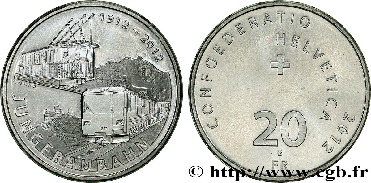 SUIZA 20 Francs Centenaire de la Compagnie ferroviaire 2012 Berne FDC 