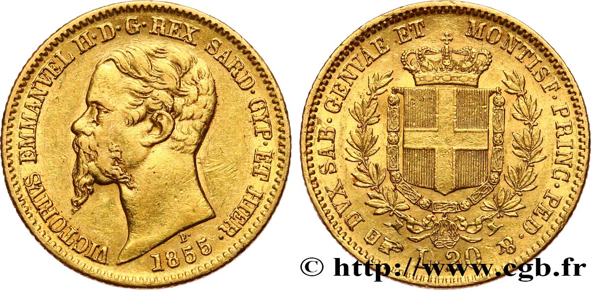 ITALIE - ROYAUME DE SARDAIGNE - VICTOR-EMMANUEL II 20 Lire  1855 Turin TTB/TTB+ 