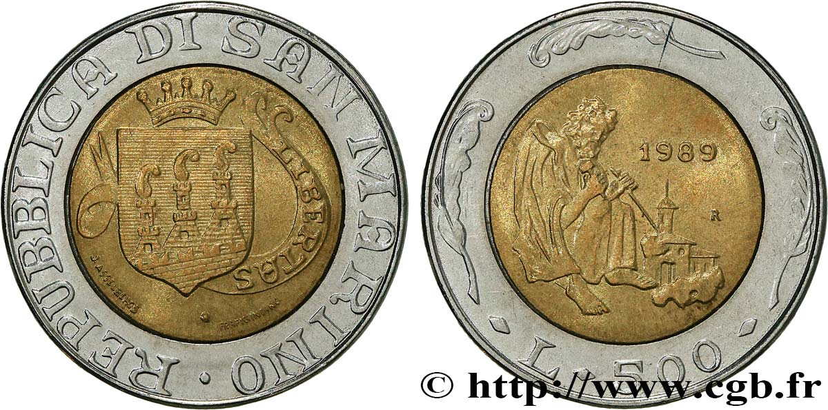 SAN MARINO 500 Lire emblème / graveur de pierre 1989 Rome - R AU 